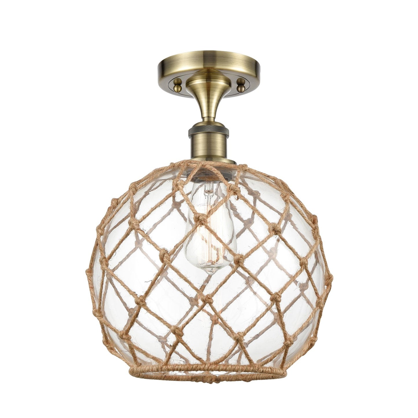 Innovations Farmhouse Rope 10in 1-Light Semi-Flush Mount | Industrial Antique Brass Steel and Clear Glass with Brown Rope | Model 616-1F-AB-G122-10RB