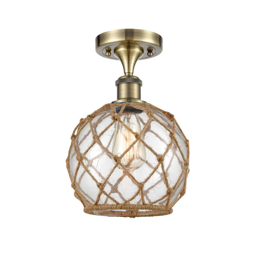 Innovations Farmhouse Rope 8in 1-Light Semi-Flush Mount | Industrial Farmhouse Antique Brass Steel and Clear Glass with Brown | Model 616-1F-AB-G122-8RB