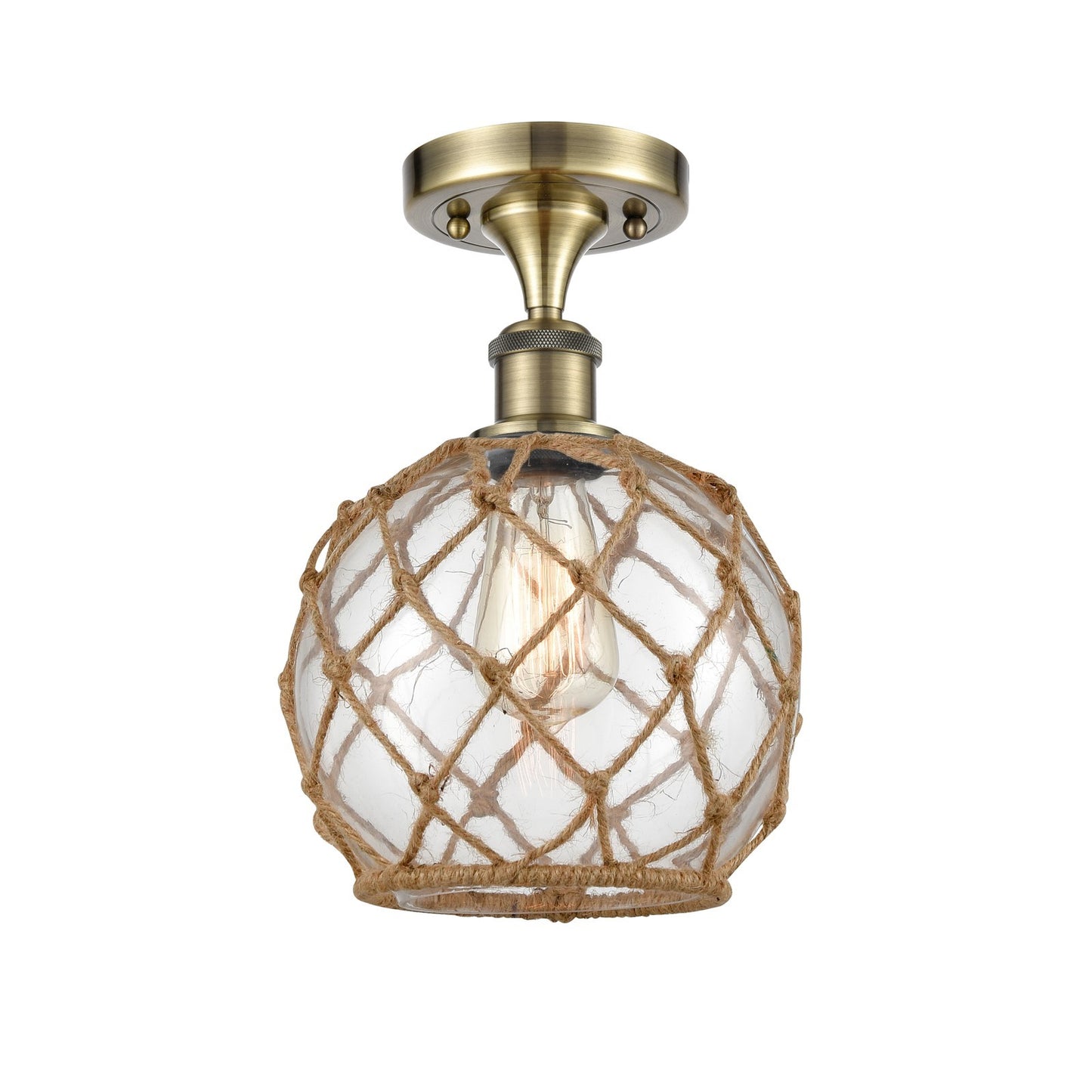 Innovations Farmhouse Rope 8in 1-Light Semi-Flush Mount | Industrial Farmhouse Antique Brass Steel and Clear Glass with Brown | Model 616-1F-AB-G122-8RB
