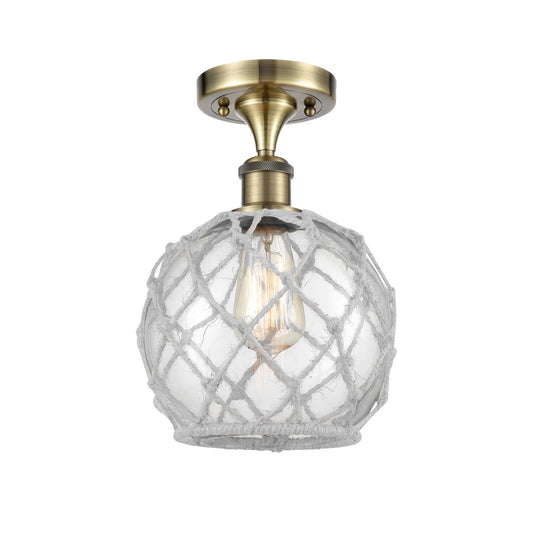 Innovations Farmhouse Rope 8in 1-Light Semi-Flush Mount | Industrial Farmhouse Antique Brass Steel and Clear Glass with White | Model 616-1F-AB-G122-8RW