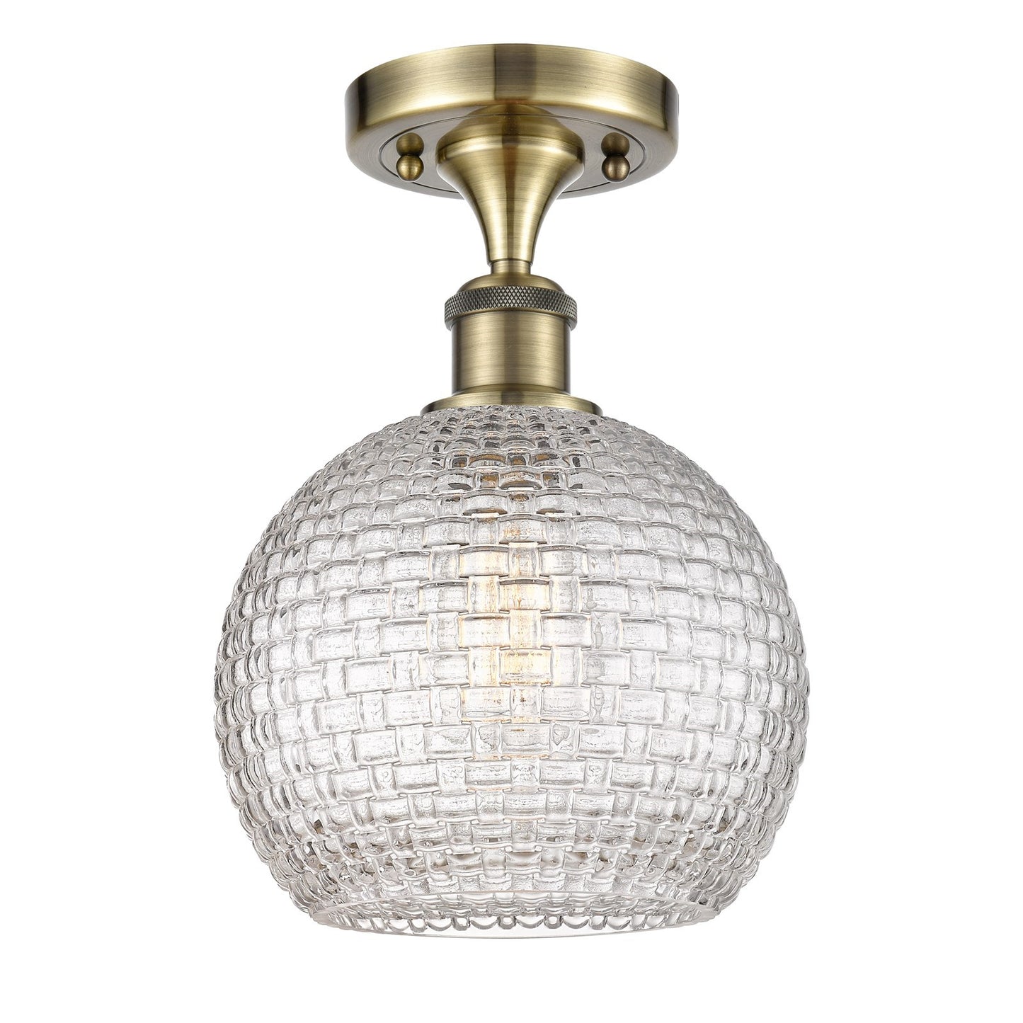 Innovations Athens 8in 1-Light Semi-Flush Mount | Modern Farmhouse Antique Brass Steel and Clear Basket Weave Glass | Hallway | Model 616-1F-AB-G122C-8CL