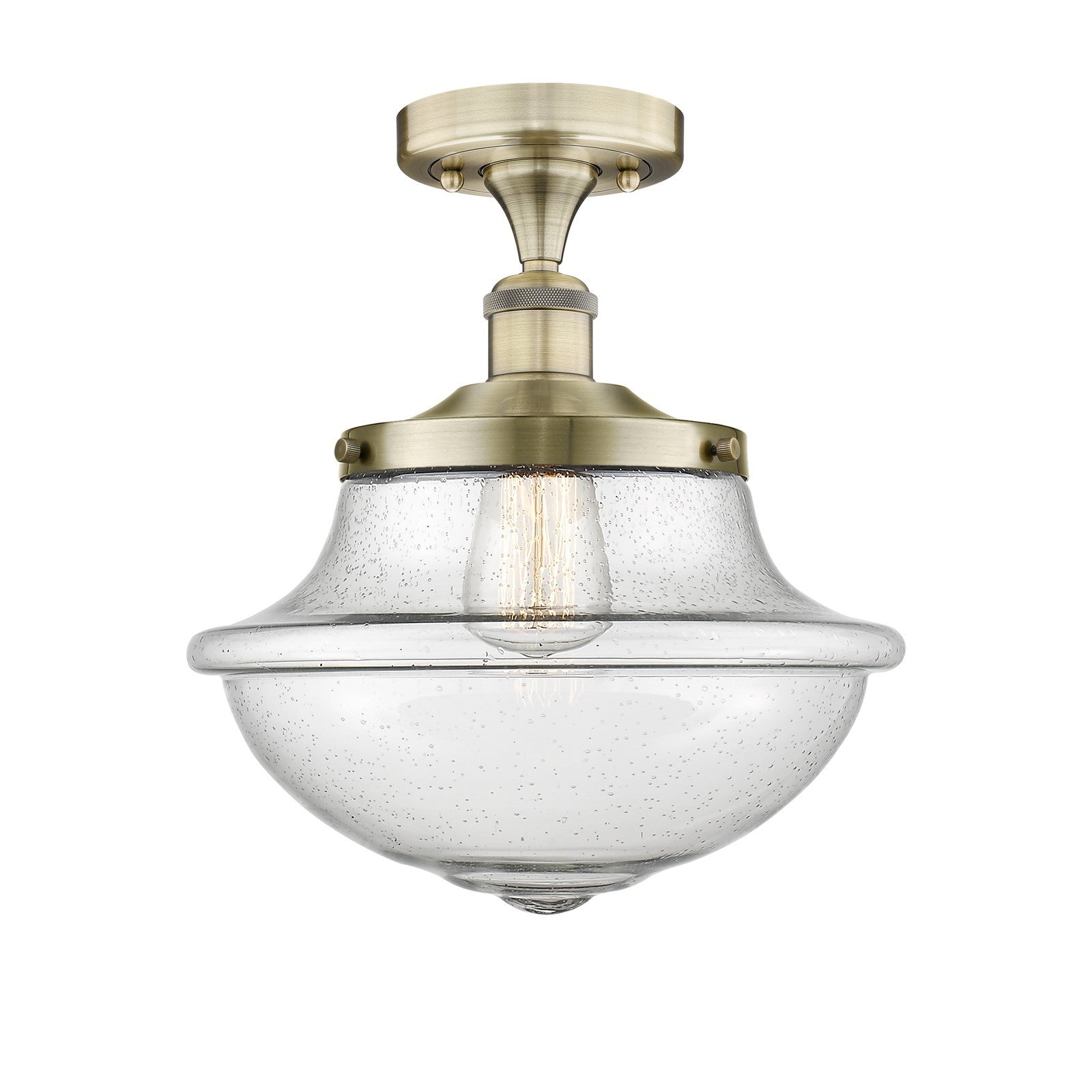 Innovations Oxford 12in 1-Light Semi-Flush Mount | Industrial Antique Brass Steel and Seedy Glass | Entryway & Hallway | 11.75 x | Model 616-1F-AB-G544