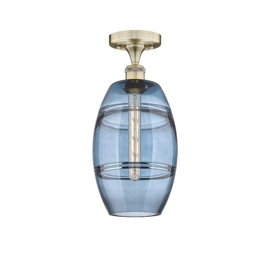 Innovations Lighting Vaz 8in 1-Light Semi-Flush Mount | Industrial Antique Brass Steel and Princess Blue Glass | Bedroom & | Model 616-1F-AB-G557-8BL
