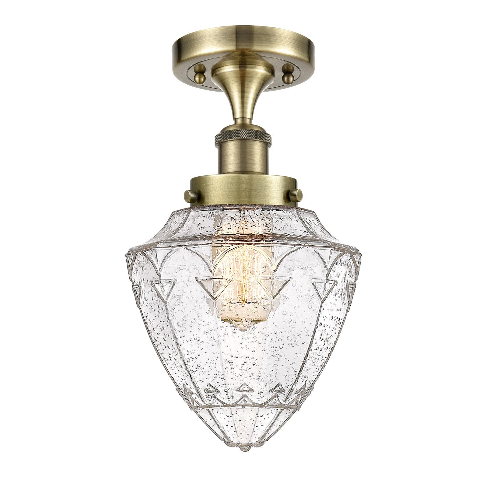 Innovations Bullet 6in 1-Light Semi-Flush Mount | Industrial Antique Brass Steel and Seedy Glass | Kitchen & Hallway | 6 x 6 x 13 | Model 616-1F-AB-G664-7