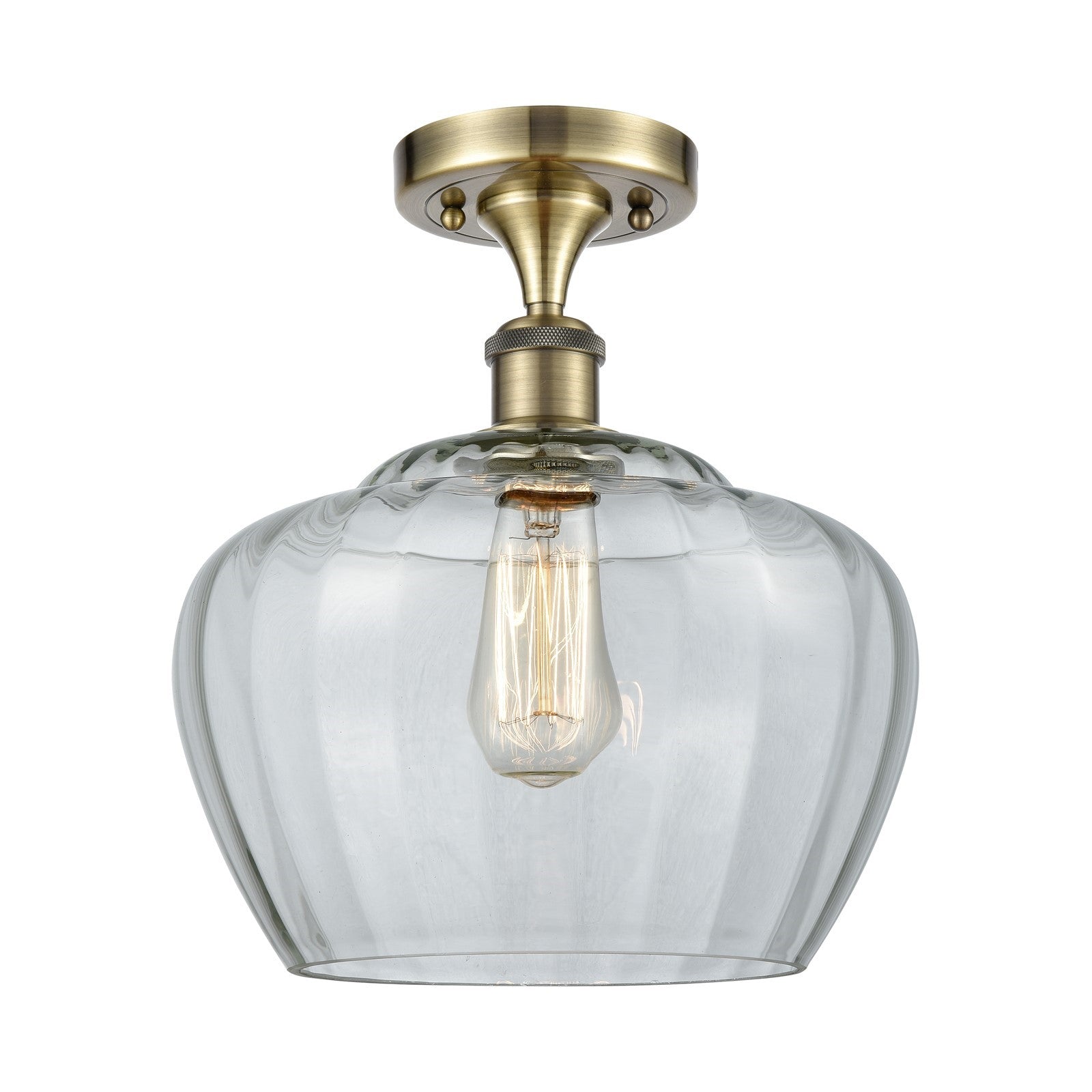 Innovations Fenton 11in 1-Light Semi-Flush Mount | Industrial Antique Brass Steel and Clear Ribbed Glass | Entryway & Hallway | 11 | Model 616-1F-AB-G92-L