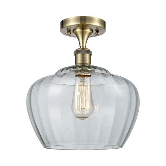 Innovations Fenton 11in 1-Light Semi-Flush Mount | Industrial Antique Brass Steel and Clear Ribbed Glass | Entryway & Hallway | 11 | Model 616-1F-AB-G92-L