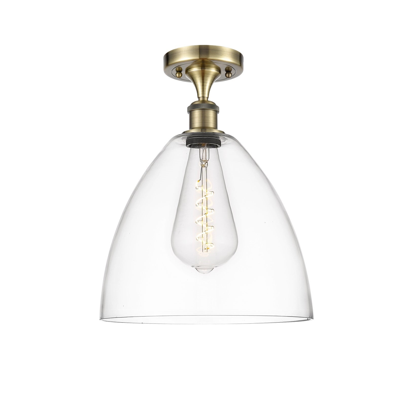 Innovations Bristol 12in 1-Light Semi-Flush Mount | Industrial Antique Brass Steel and Clear Glass Dome Shade | Hallway & | Model 616-1F-AB-GBD-122
