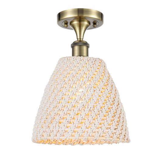 Innovations Bristol Natural 9in 1-Light Semi-Flush Mount | Industrial Antique Brass Steel and Natural Fiber Shade | Entryway & | Model 616-1F-AB-NBD-9-NAT