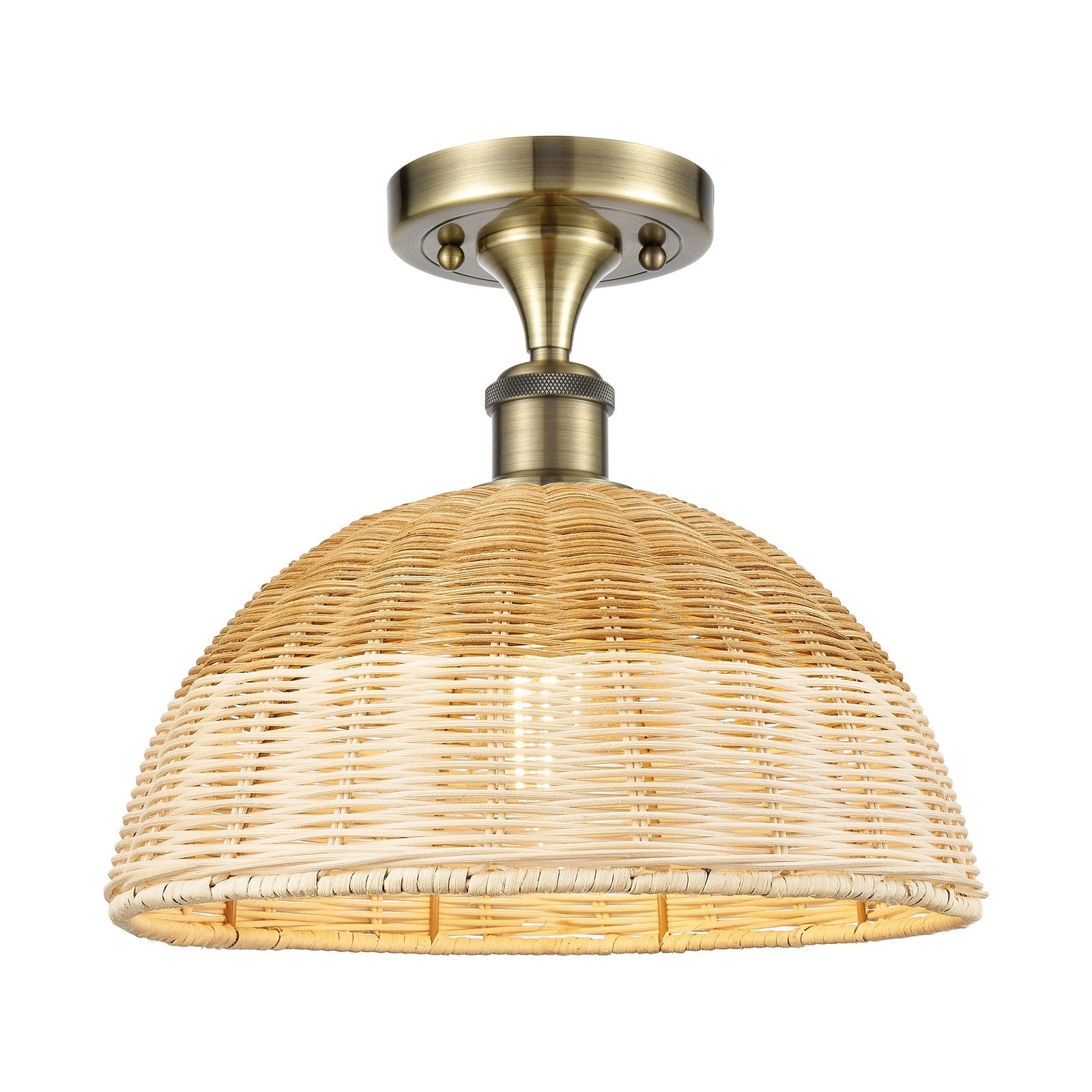 Innovations Bristol Natural II 12in 1-Light Semi-Flush Mount | Industrial Antique Brass Steel and Natural Fiber Shade | Model 616-1F-AB-NBD2-12-NAT