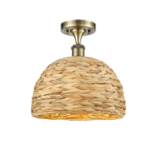 Innovations Woven Rattan 12in 1-Light Semi-Flush Mount | Industrial Antique Brass Steel and Natural Rattan Shade | Entryway & | Model 616-1F-AB-RBD-12-NAT
