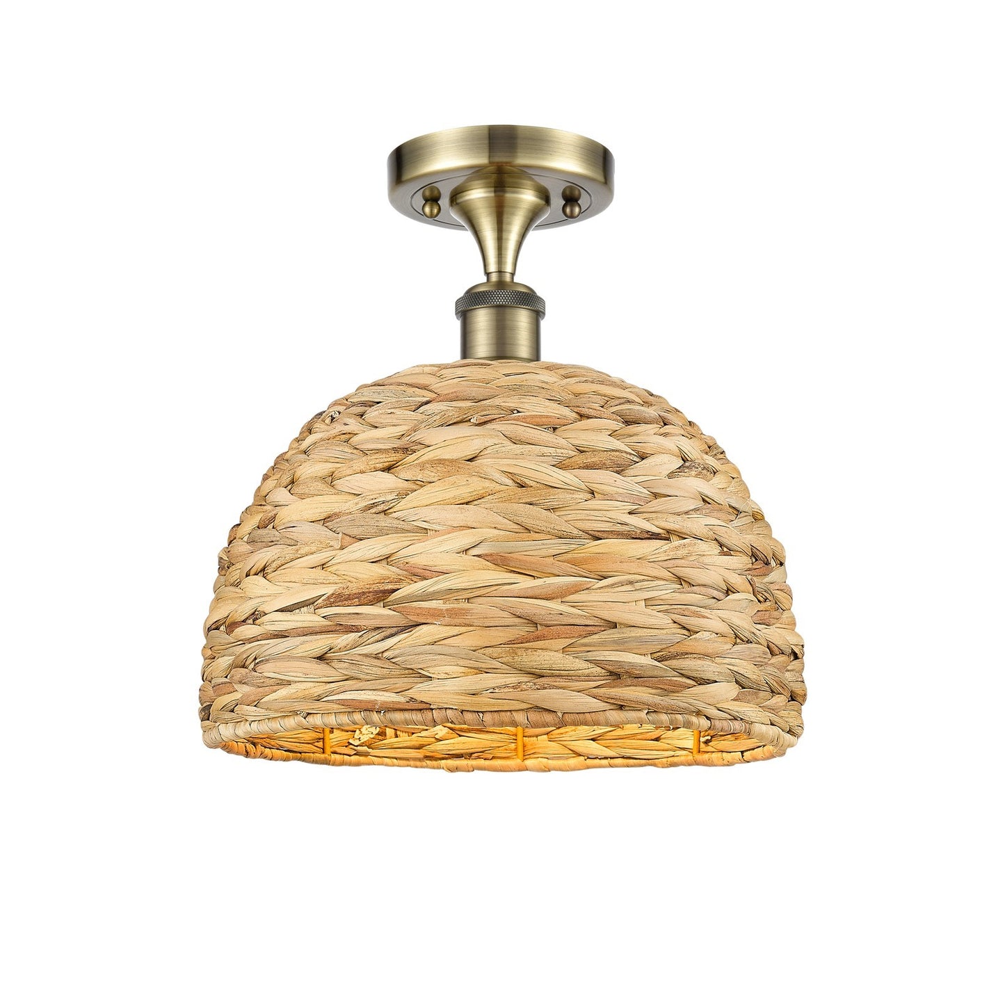 Innovations Woven Rattan 12in 1-Light Semi-Flush Mount | Industrial Antique Brass Steel and Natural Rattan Shade | Entryway & | Model 616-1F-AB-RBD-12-NAT