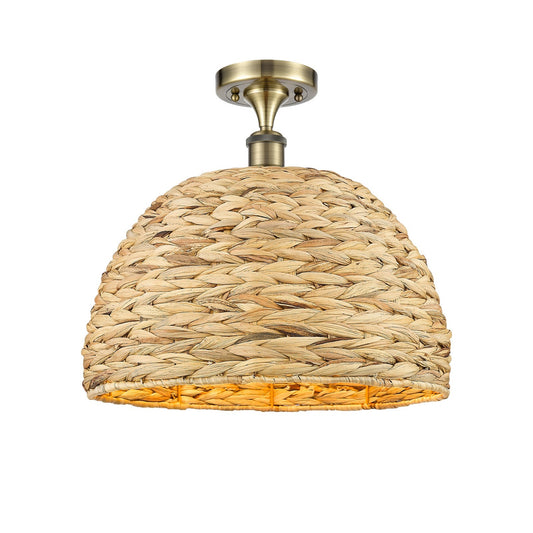 Innovations Woven Rattan 16in 1-Light Semi-Flush Mount | Industrial Antique Brass Steel and Natural Fiber Shade | Damp Rated | Model 616-1F-AB-RBD-16-NAT