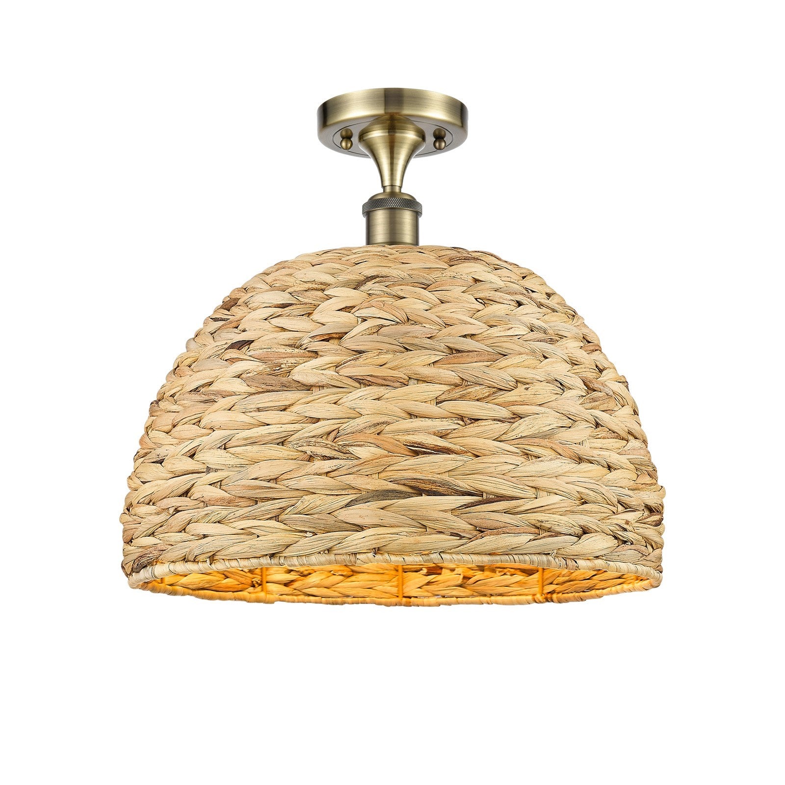 Innovations Woven Rattan 16in 1-Light Semi-Flush Mount | Industrial Antique Brass Steel and Natural Fiber Shade | Damp Rated | Model 616-1F-AB-RBD-16-NAT