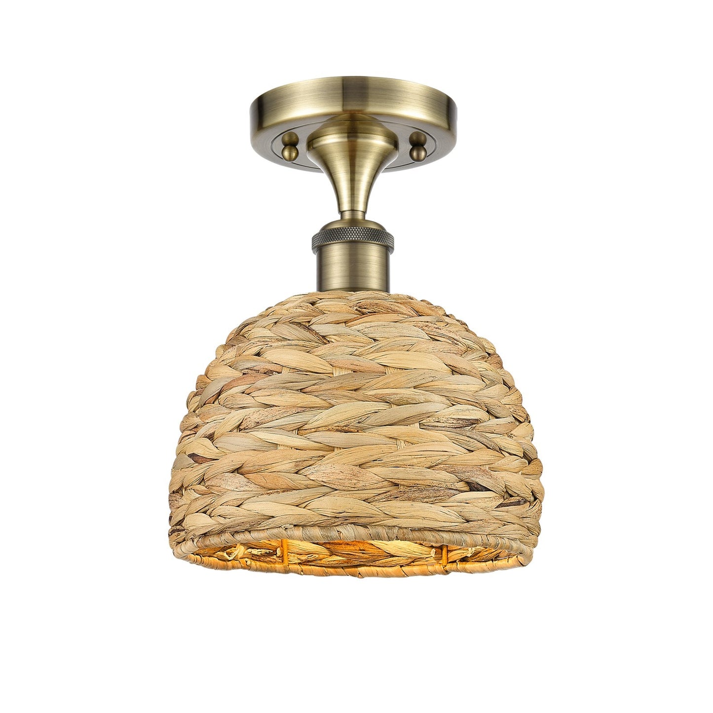 Innovations Woven Rattan 8in 1-Light Semi-Flush Mount | Rustic Antique Brass and Natural Woven Rattan | Damp Location Entryway | Model 616-1F-AB-RBD-8-NAT