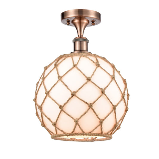Innovations Farmhouse Rope 10in 1-Light Semi-Flush Mount | Industrial Antique Copper Steel and Matte White Glass with Brown | Model 616-1F-AC-G121-10RB
