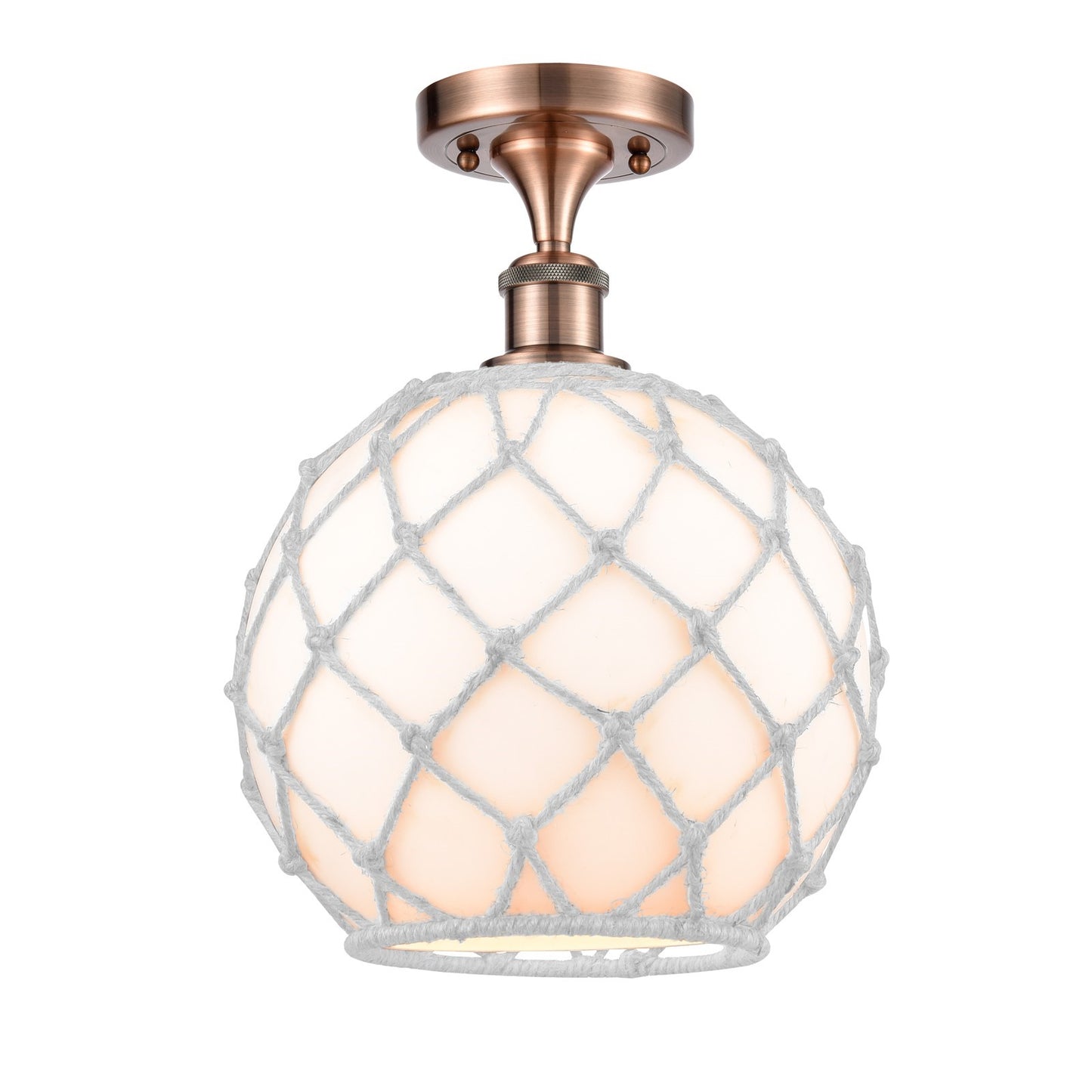 Innovations Farmhouse Rope 10in 1-Light Semi-Flush Mount | Industrial Antique Copper Steel and White Glass with White Rope | Model 616-1F-AC-G121-10RW