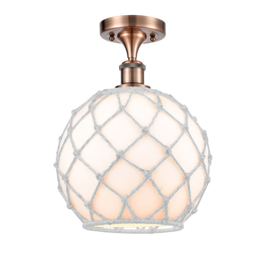 Innovations Farmhouse Rope 10in 1-Light Semi-Flush Mount | Industrial Antique Copper Steel and White Glass with White Rope | Model 616-1F-AC-G121-10RW