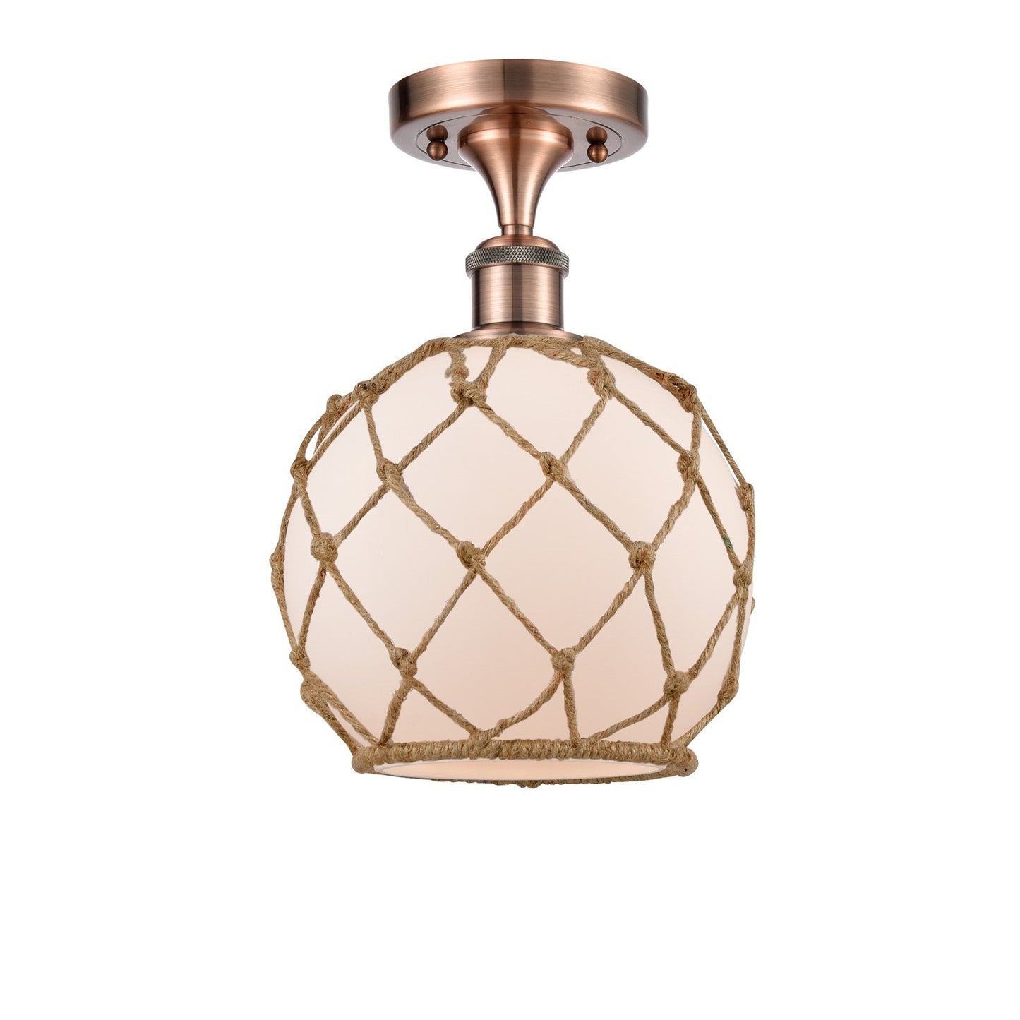 Innovations Farmhouse Rope 8in 1-Light Semi-Flush Mount | Industrial Farmhouse Antique Copper Steel and White Frosted Glass | Model 616-1F-AC-G121-8RB