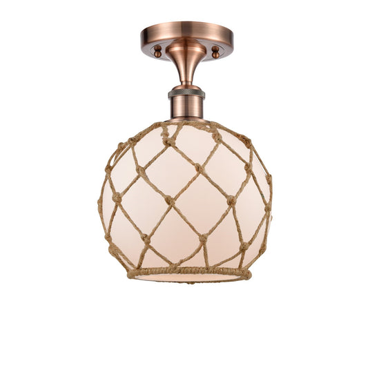 Innovations Farmhouse Rope 8in 1-Light Semi-Flush Mount | Industrial Farmhouse Antique Copper Steel and White Frosted Glass | Model 616-1F-AC-G121-8RB
