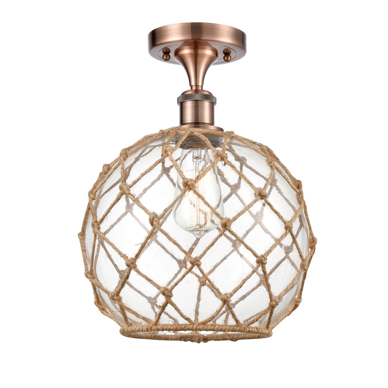 Innovations Farmhouse Rope 10in 1-Light Semi-Flush Mount | Industrial Antique Copper Steel and Clear Glass with Brown Rope | Model 616-1F-AC-G122-10RB
