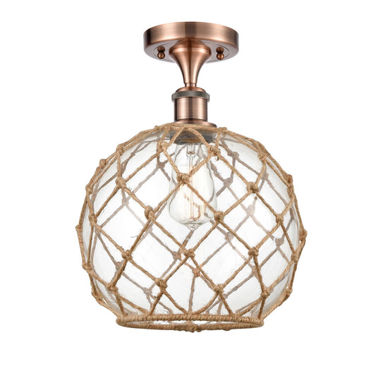 Innovations Farmhouse Rope 10in 1-Light Semi-Flush Mount | Industrial Antique Copper Steel and Clear Glass with Brown Rope | Model 616-1F-AC-G122-10RB