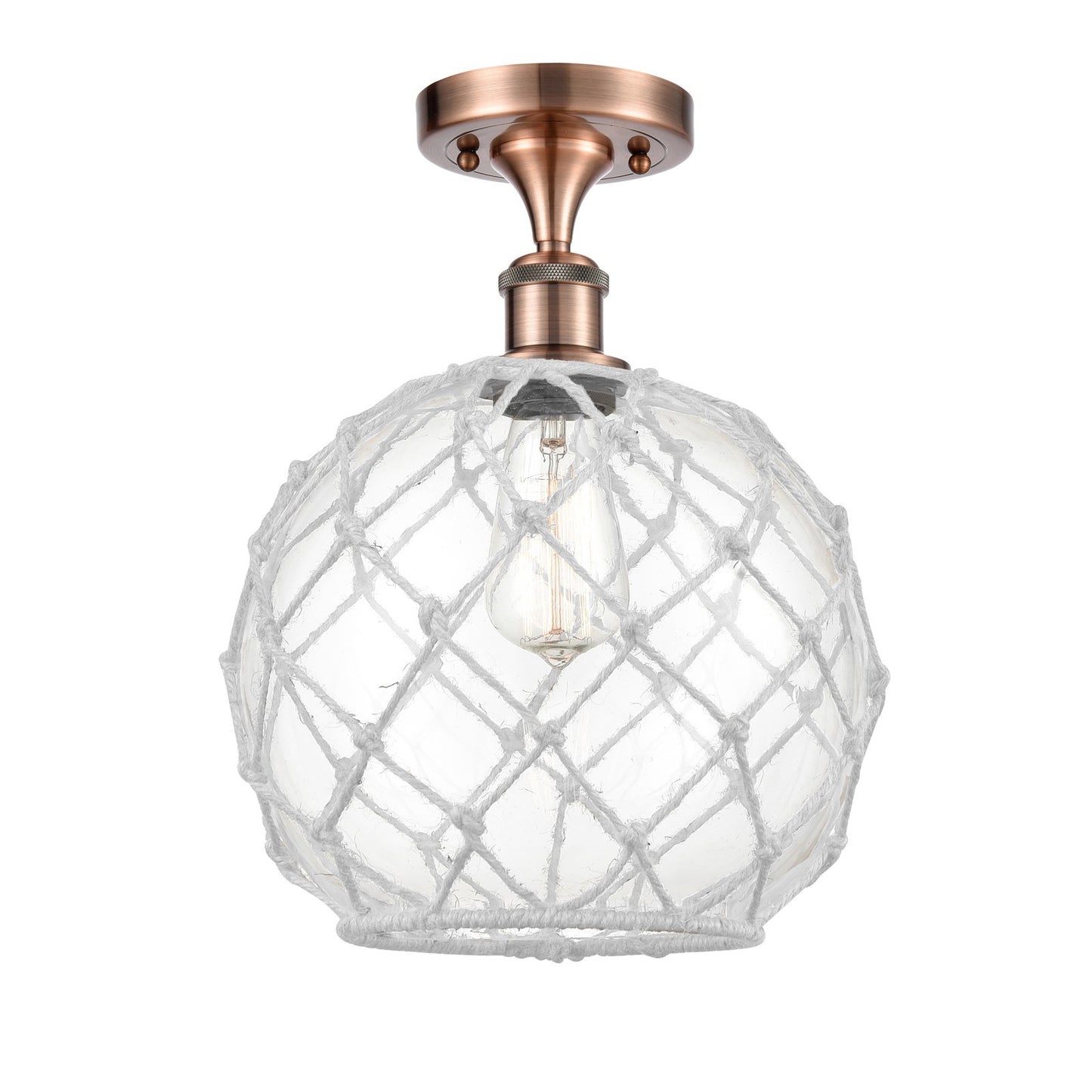 Innovations Farmhouse Rope 10in 1-Light Semi-Flush Mount | Industrial Antique Copper Steel and Clear Glass with White Rope | Model 616-1F-AC-G122-10RW