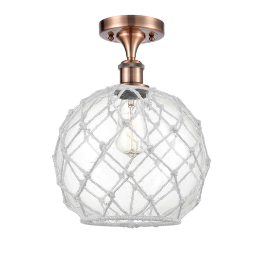 Innovations Farmhouse Rope 10in 1-Light Semi-Flush Mount | Industrial Antique Copper Steel and Clear Glass with White Rope | Model 616-1F-AC-G122-10RW