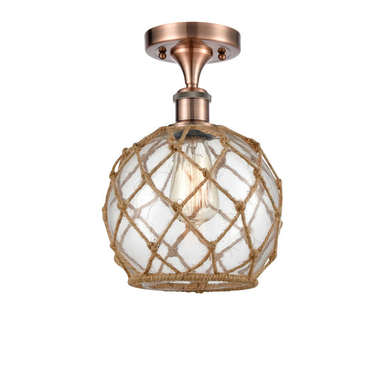 Innovations Farmhouse Rope 8in 1-Light Semi-Flush Mount | Industrial Antique Copper Steel and Clear Glass with Brown Rope | Model 616-1F-AC-G122-8RB