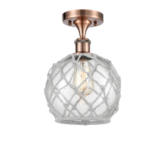 Innovations Farmhouse Rope 8in 1-Light Semi-Flush Mount | Industrial Farmhouse Antique Copper Steel and Clear Glass with White | Model 616-1F-AC-G122-8RW