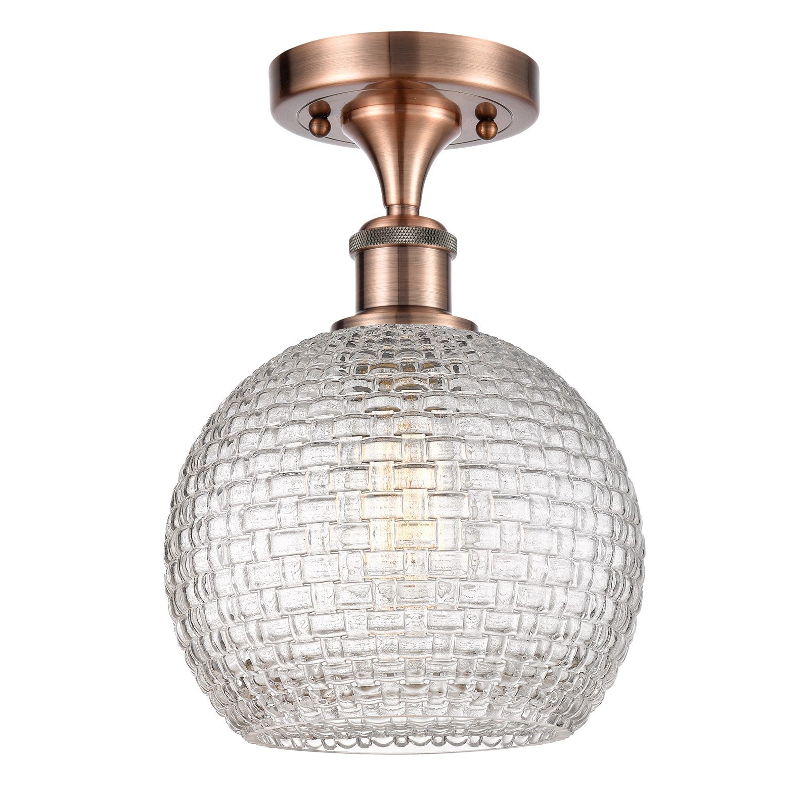 Innovations Athens 8in 1-Light Semi-Flush Mount | Modern Farmhouse Antique Copper Steel and Clear Basket Weave Glass | Model 616-1F-AC-G122C-8CL