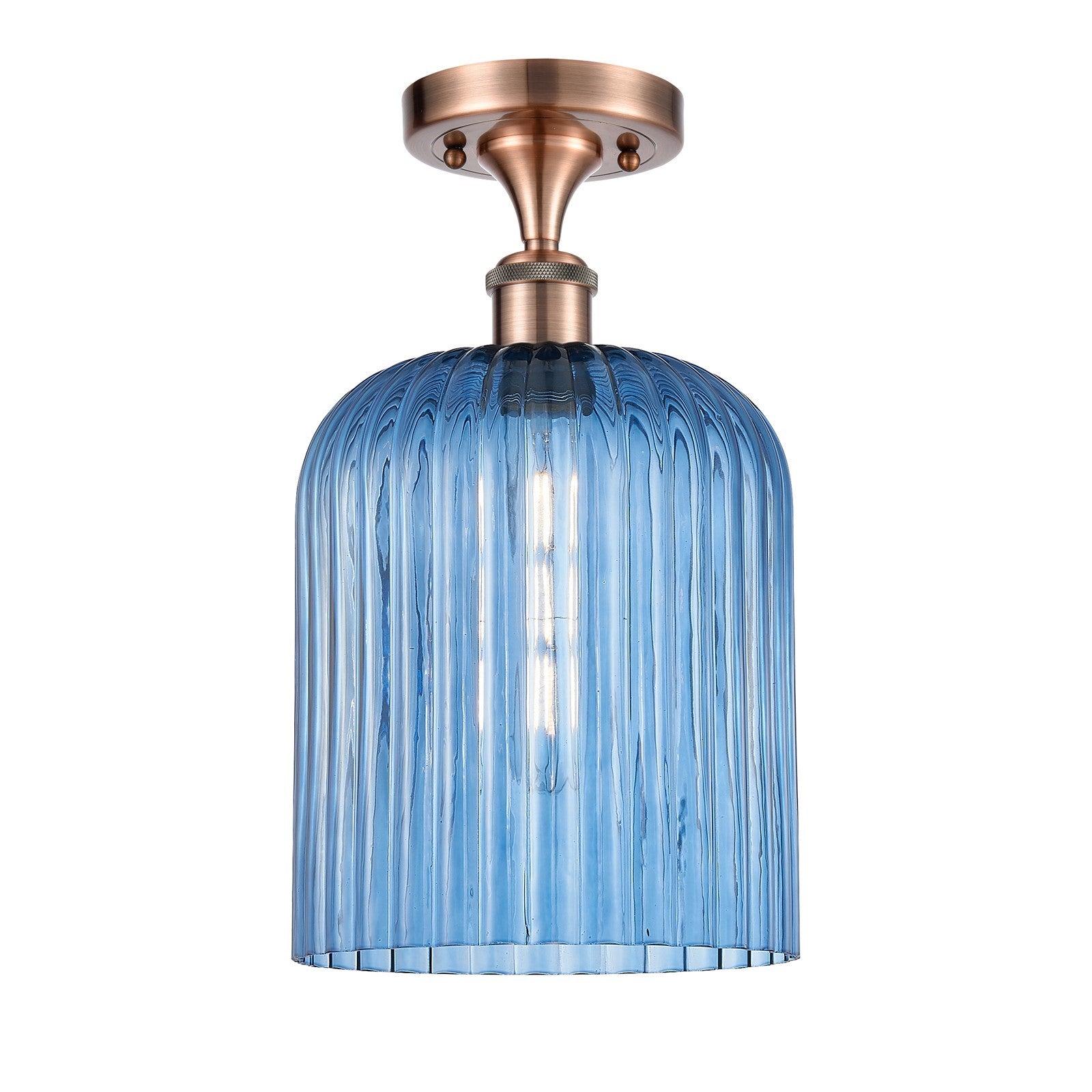Innovations Bridal Veil 5in 1-Light Semi-Flush Mount | Art Nouveau Industrial Antique Copper Steel and Princess Blue Ribbed | Model 616-1F-AC-G559-8BL