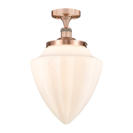 Innovations Bridgeton 12in 1-Light Semi-Flush Mount | Traditional Antique Copper Steel and Matte White Frosted Glass | Damp | Model 616-1F-AC-G661-12