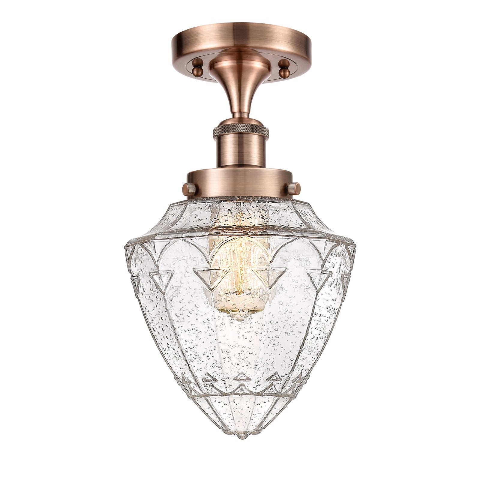 Innovations Bullet 6in 1-Light Semi-Flush Mount | Industrial Art Nouveau Antique Copper Steel and Seedy Glass | Entryway & | Model 616-1F-AC-G664-7
