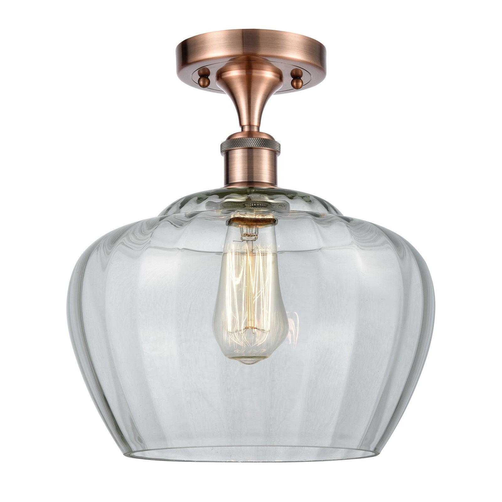 Innovations Fenton 11in 1-Light Semi-Flush Mount | Industrial Antique Copper Steel and Clear Ribbed Glass | Kitchen & Hallway | 11 | Model 616-1F-AC-G92-L