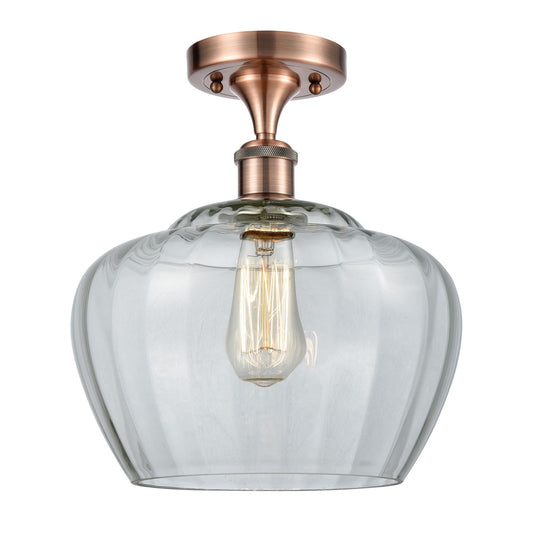 Innovations Fenton 11in 1-Light Semi-Flush Mount | Industrial Antique Copper Steel and Clear Ribbed Glass | Kitchen & Hallway | 11 | Model 616-1F-AC-G92-L