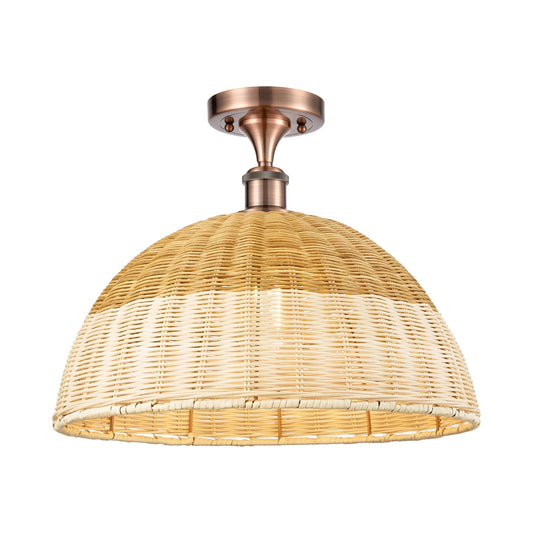 Innovations Bristol Natural II 16in 1-Light Semi-Flush Mount | Industrial Antique Copper and Natural Fiber Shade | Damp | Model 616-1F-AC-NBD2-16-NAT
