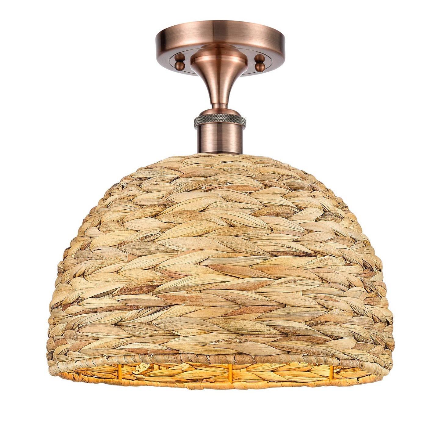 Innovations Woven Rattan 12in 1-Light Semi-Flush Mount | Industrial Antique Copper Steel and Natural Fiber Shade | Entryway & | Model 616-1F-AC-RBD-12-NAT