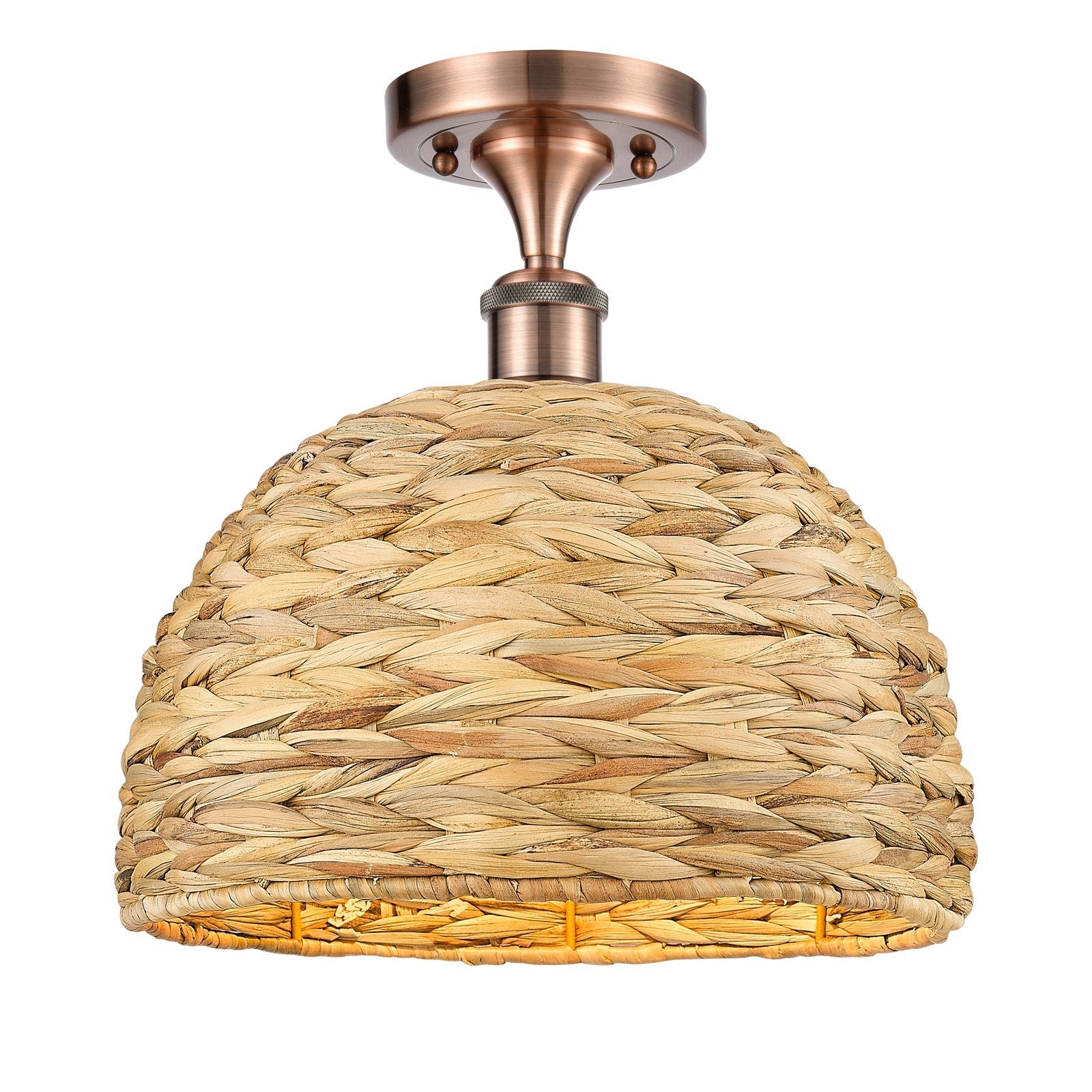Innovations Woven Rattan 12in 1-Light Semi-Flush Mount | Industrial Antique Copper Steel and Natural Fiber Shade | Entryway & | Model 616-1F-AC-RBD-12-NAT