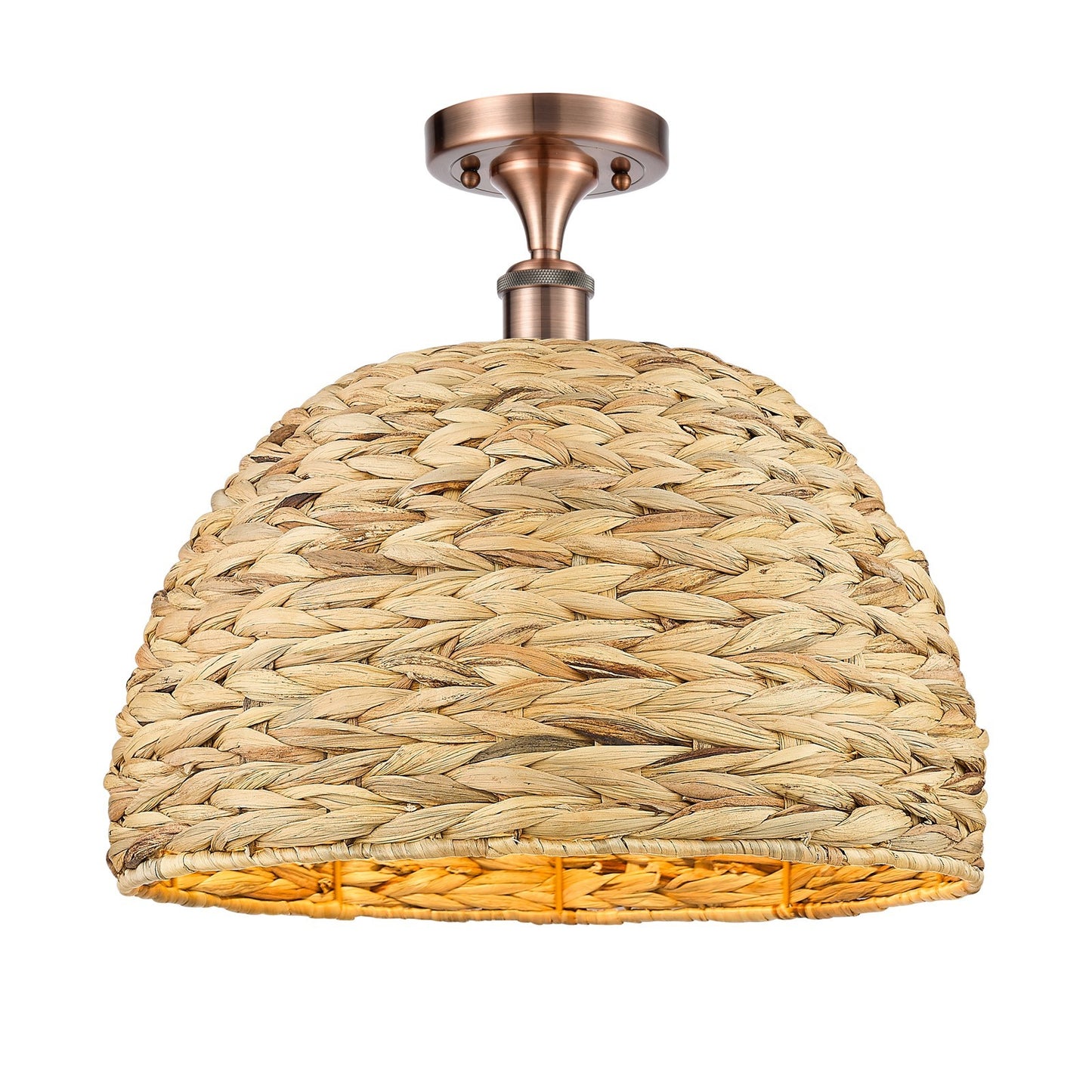Innovations Woven Rattan 16in 1-Light Semi-Flush Mount | Industrial Antique Copper Steel and Natural Fiber Shade | Damp Rated | Model 616-1F-AC-RBD-16-NAT