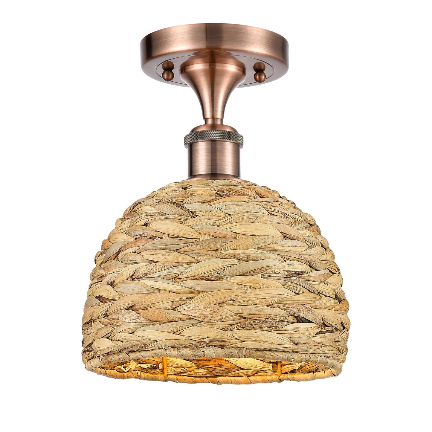 Innovations Woven Rattan 8in 1-Light Semi-Flush Mount | Rustic Antique Copper and Natural Woven Rattan | Entryway & Hallway | Model 616-1F-AC-RBD-8-NAT