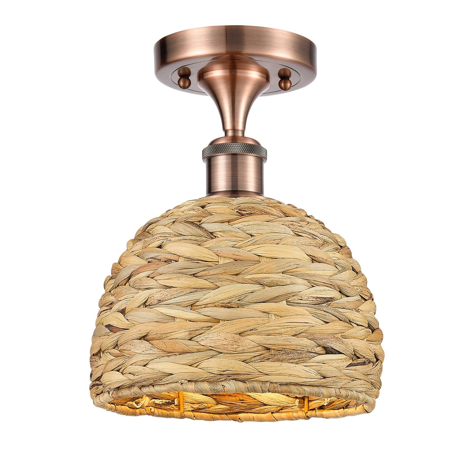 Innovations Woven Rattan 8in 1-Light Semi-Flush Mount | Rustic Antique Copper and Natural Woven Rattan | Entryway & Hallway | Model 616-1F-AC-RBD-8-NAT
