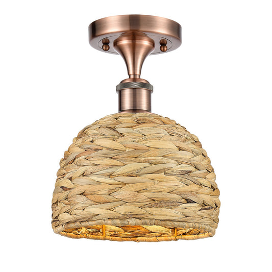 Innovations Woven Rattan 8in 1-Light Semi-Flush Mount | Rustic Antique Copper and Natural Woven Rattan | Entryway & Hallway | Model 616-1F-AC-RBD-8-NAT