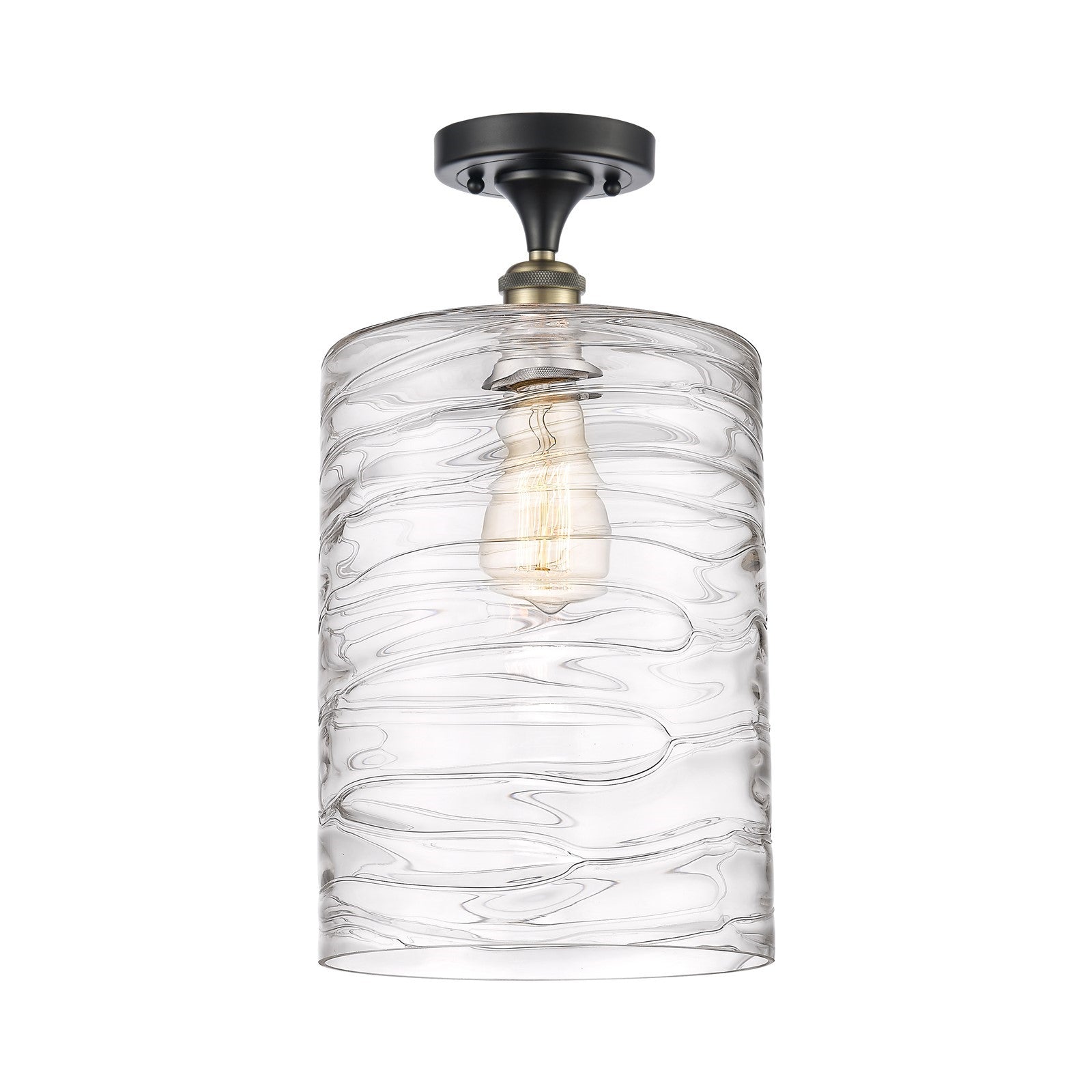 Innovations Cobbleskill 9in 1-Light Semi-Flush Mount | Industrial Black Antique Brass Steel and Deco Swirl Glass | Entryway & | Model 616-1F-BAB-G1113-L