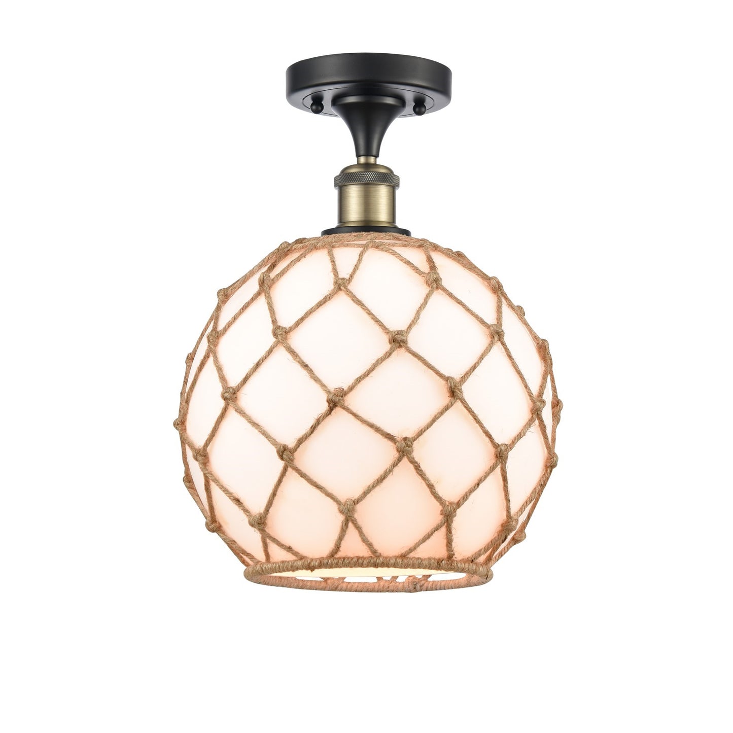 Innovations Farmhouse Rope 10in 1-Light Semi-Flush Mount | Industrial Black Antique Brass Steel and Matte White Glass with | Model 616-1F-BAB-G121-10RB