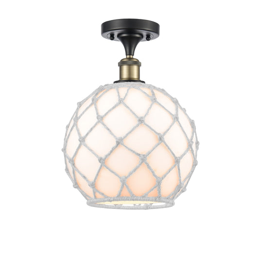 Innovations Farmhouse Rope 10in 1-Light Semi-Flush Mount | Industrial Black Antique Brass and White Glass Rope Shade | Model 616-1F-BAB-G121-10RW