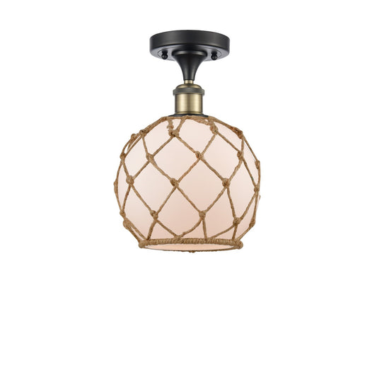 Innovations Farmhouse Rope 8in 1-Light Semi-Flush Mount | Industrial Black Antique Brass and White Frosted Glass with Brown | Model 616-1F-BAB-G121-8RB
