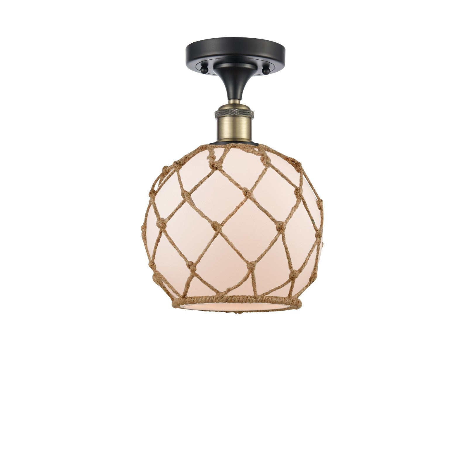 Innovations Farmhouse Rope 8in 1-Light Semi-Flush Mount | Industrial Black Antique Brass and White Frosted Glass with Brown | Model 616-1F-BAB-G121-8RB