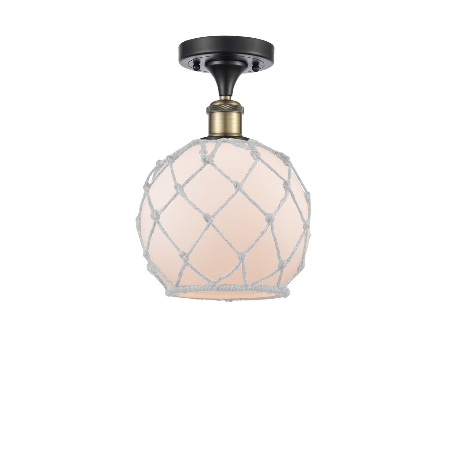 Innovations Farmhouse Rope 8in 1-Light Semi-Flush Mount | Industrial Black Antique Brass Steel and White Frosted Glass Rope | Model 616-1F-BAB-G121-8RW