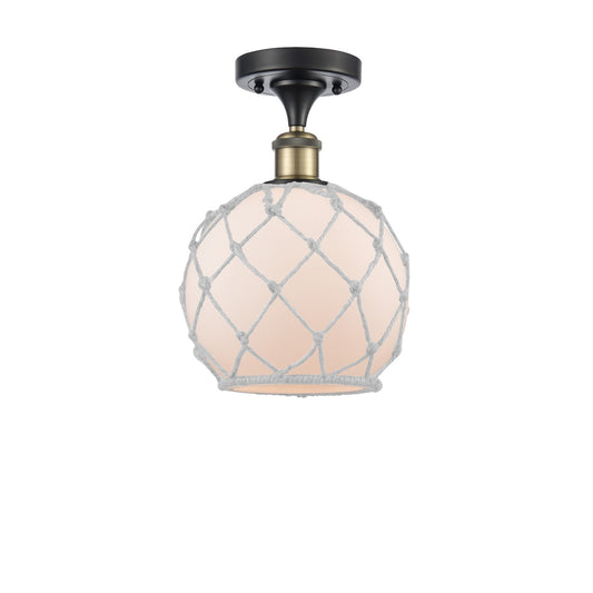 Innovations Farmhouse Rope 8in 1-Light Semi-Flush Mount | Industrial Black Antique Brass Steel and White Frosted Glass Rope | Model 616-1F-BAB-G121-8RW