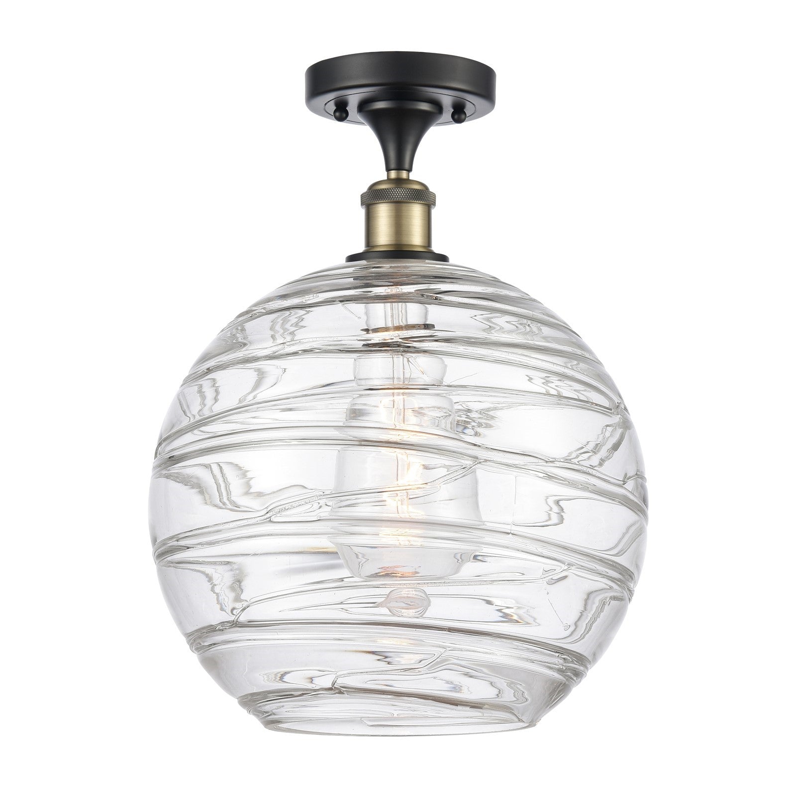 Innovations Athens Deco Swirl 12in 1-Light Semi-Flush Mount | Industrial Black Antique Brass Steel and Clear Deco Swirl | Model 616-1F-BAB-G1213-12CL